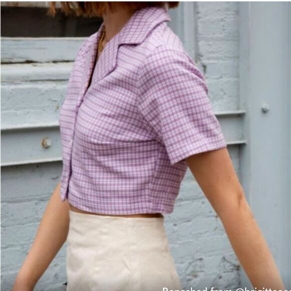 John Galt Size XS Brandy Melville Vivian Top Purple Plaid Preppy Collared Crop - Picture 10 of 12